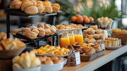 Luxurious morning buffet at a modern hotel: fresh bread, pastries, orange juice, eggs, and a variety of breakfast options.