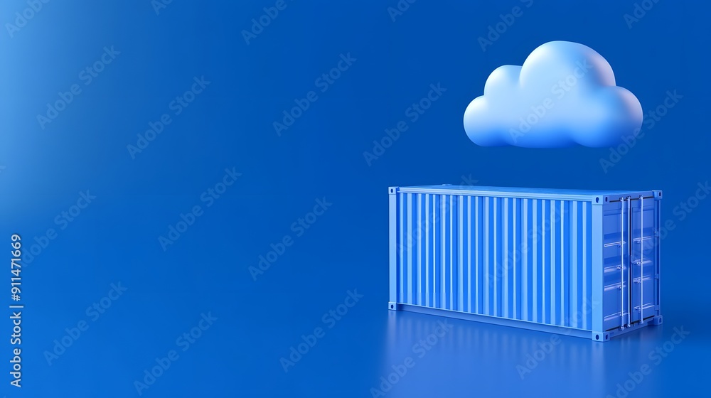 Poster blue shipping container below a cloud symbolizing cloud computing and technology on a blue backgroun