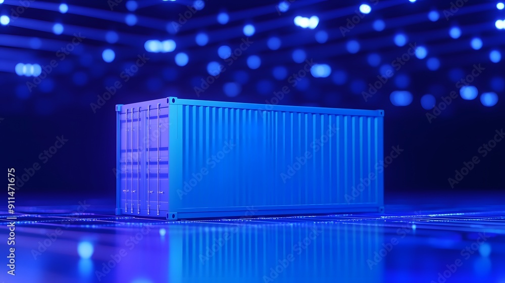 Poster blue shipping container in futuristic digital environment with glowing lights representing data and 