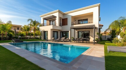 Luxurious villa with a swimming pool and spacious patio, highlighting elegant and modern architectural design.