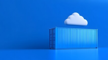 Blue shipping container beneath white cloud on solid blue background, representing cloud storage and data services.
