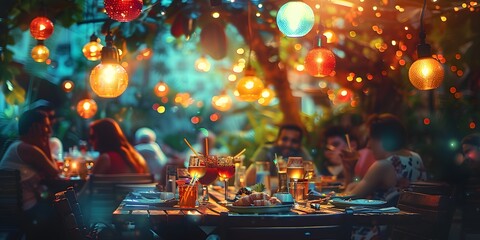 Friends gather, laughter echoes, city lights shimmer. 