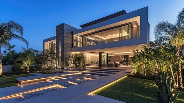Luxurious villa with a grand entrance and stylish exterior, showcasing contemporary architecture. -