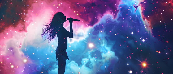 Silhouettes anime of a girl or woman singing and Dancing likes Idol superstar in a starry night club