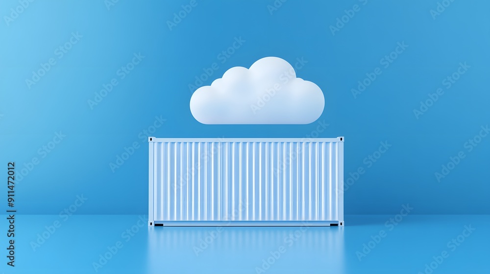 Poster blue shipping container under a white cloud in minimalistic setting, representing data storage and c