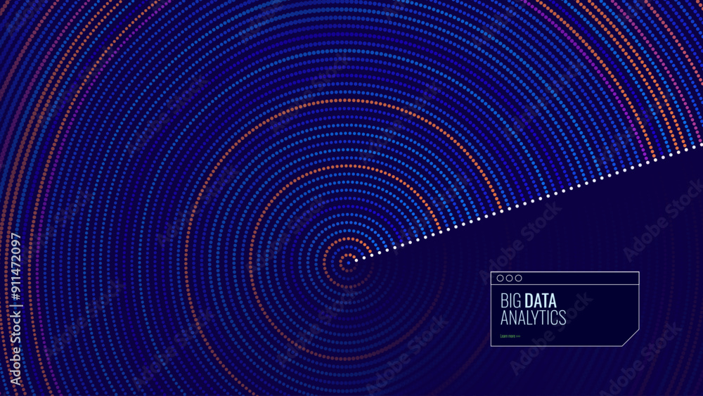 Poster Abstract Digital Circles of Particles. Futuristic Circular Business Data Graph. Big Data Visualization. Crypto Currency Blockchain Invest Statistics Analysis Concept. Vector Illustration.