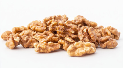 Dried walnut kernels arranged on a white background. These nutrient-rich nuts are a convenient and healthy snack.
