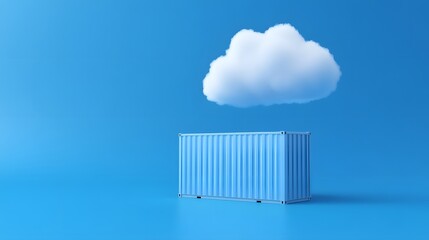 Blue shipping container under single white cloud on blue background, symbolizing cloud computing or storage concepts.