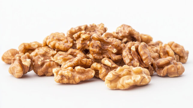 Dried walnut kernels arranged on a white background. These nutrient-rich nuts are a convenient and healthy snack.
