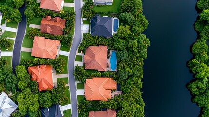 Drone view of residential neighborhood, property insurance assessment in progress, property insurance, aerial assessment