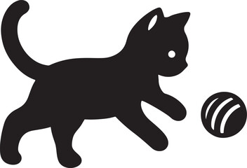 Silhouette vector illustration of cute cat playing with a ball. Kitten outline with ball.