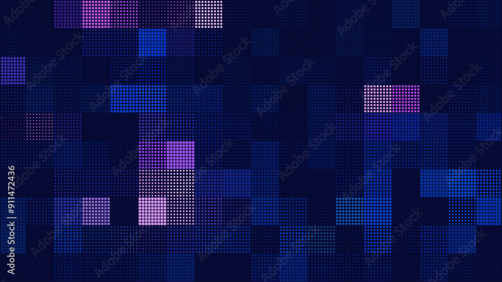 Poster Halftone Pixel Dithering Square Tiles Seamless Pattern. Vintage 8-bit Game Background. Vector Illustration. Pixel Halftone Effect Random Tiles Generative Art.