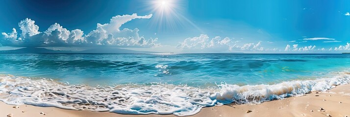 tranquil and beautiful seaside landscape. The centerpiece of the image is the vast ocean, with clear, blue water.