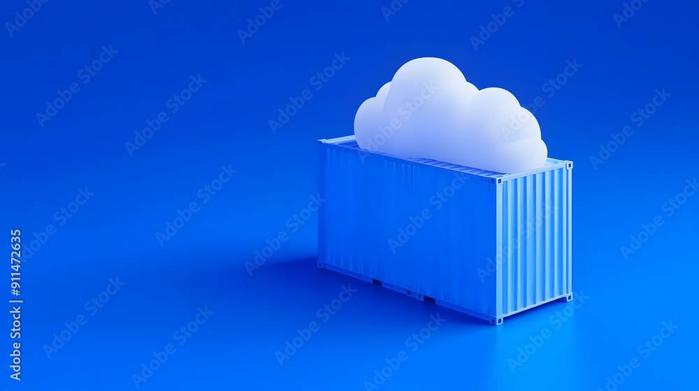 Poster blue shipping container with a white cloud on blue background, symbolizing cloud computing and data 