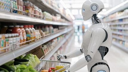 A humanoid robot shopping in a supermarket aisle, representing automation and AI in retail environments