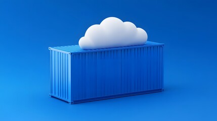 Blue shipping container with a white cloud on top against a blue background, symbolizing cloud technology and digital storage solutions.