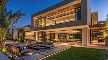 Obraz premium Modern villa house with a seamless indoor-outdoor living space, featuring innovative design and high-end finishes.