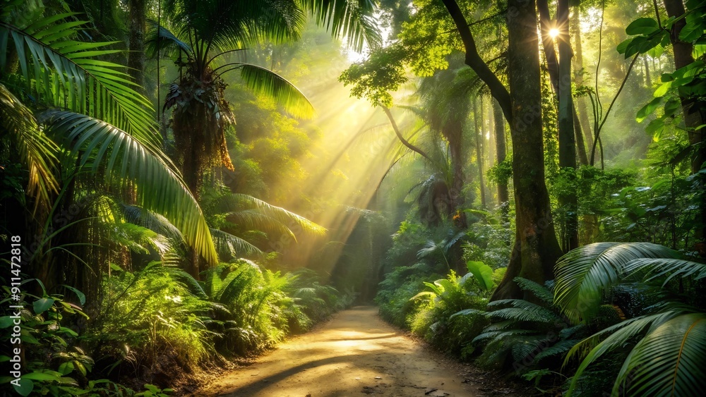 Aufkleber sun-drenched jungle path generative ai