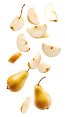 Falling Sliced Pears isolated on white background, full depth of field, transparent png background