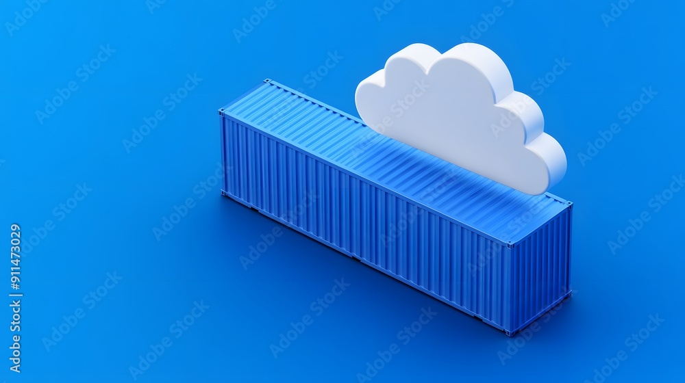 Poster blue shipping container with cloud symbol on a blue background, representing cloud computing and log