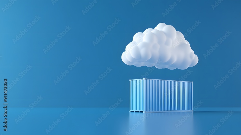 Aufkleber blue shipping container with floating cloud above against solid blue background. concept of cloud co