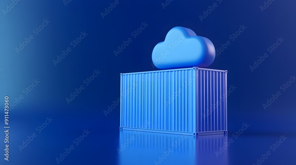 Poster blue shipping container with cloud symbol representing cloud computing and storage technology on a b