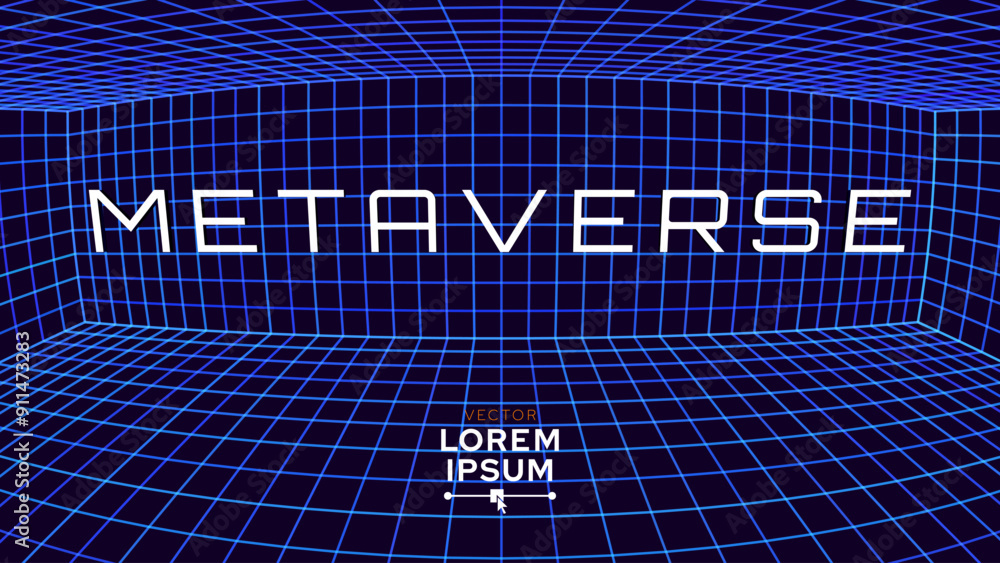 Aufkleber metaverse text 3d wireframe room on the blue background. synthwave grid vr 3d room with fisheye lens