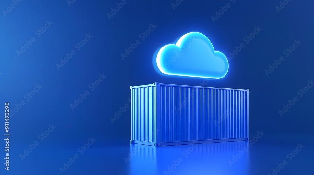Aufkleber blue shipping container with glowing cloud symbol represents cloud computing and data storage. brigh