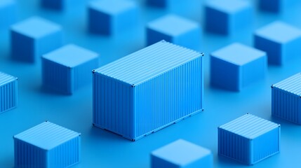 Obraz premium Blue shipping containers in various sizes, arranged systematically, emphasizing logistics, storage, and organization in a modern setting.