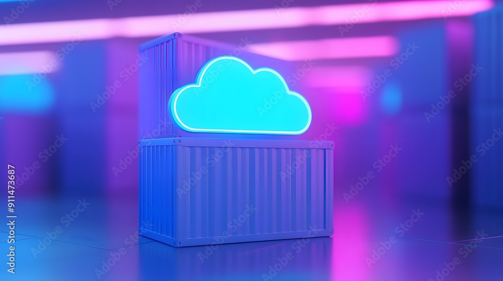 Poster Bright neon cloud on stacked containers with blurred purple and blue background, representing cloud computing and technology concepts.