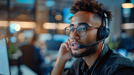 A concerned customer service agent, wearing a headset and receiving a phone call, in a modern office with bright lighting. The background shows desks and computers, creating a professional atmosphere.