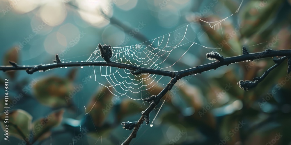Poster close up of a twig adorned with a fragile spider web highlighting the intricate relationship between