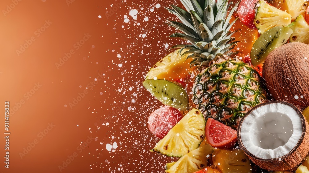 Poster colorful splash of tropical fruits, exploding in an empty scene with a captivating light effect high