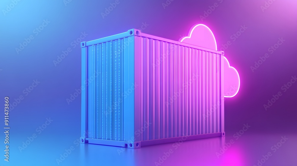 Poster bright neon shipping container with cloud icon, representing data storage and cloud computing, set a