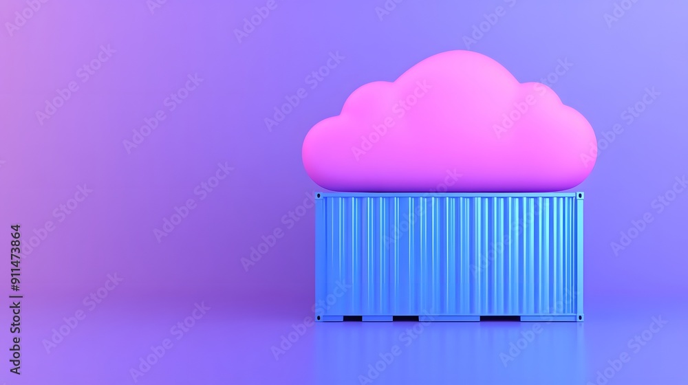 Poster bright pink cloud atop a blue shipping container against a gradient background, symbolizing cloud co