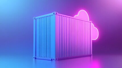 Bright neon shipping container with cloud icon, representing data storage and cloud computing, set against a vibrant blue and purple background.