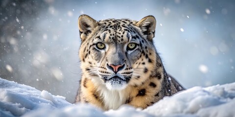 Fototapeta premium Snow leopard blending into snowy background, staring at viewer, snow leopard, snow, winter, big cat, wildlife, cold