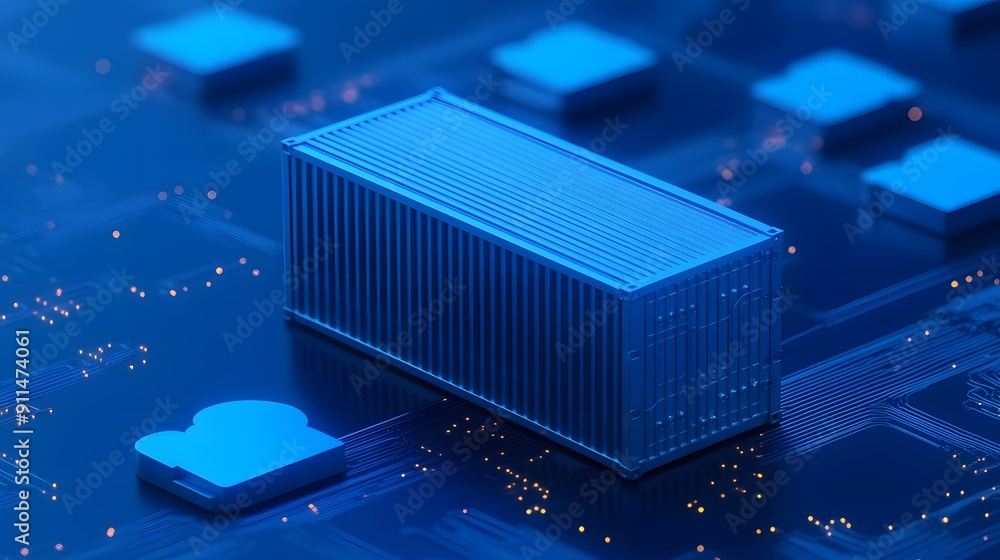 Aufkleber close-up of a blue digital container on a circuit board, symbolizing cloud computing and digital tec
