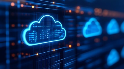 Fototapeta premium Close-up of a digital cloud with binary code, representing cloud computing technology and data storage solutions in a futuristic setting.