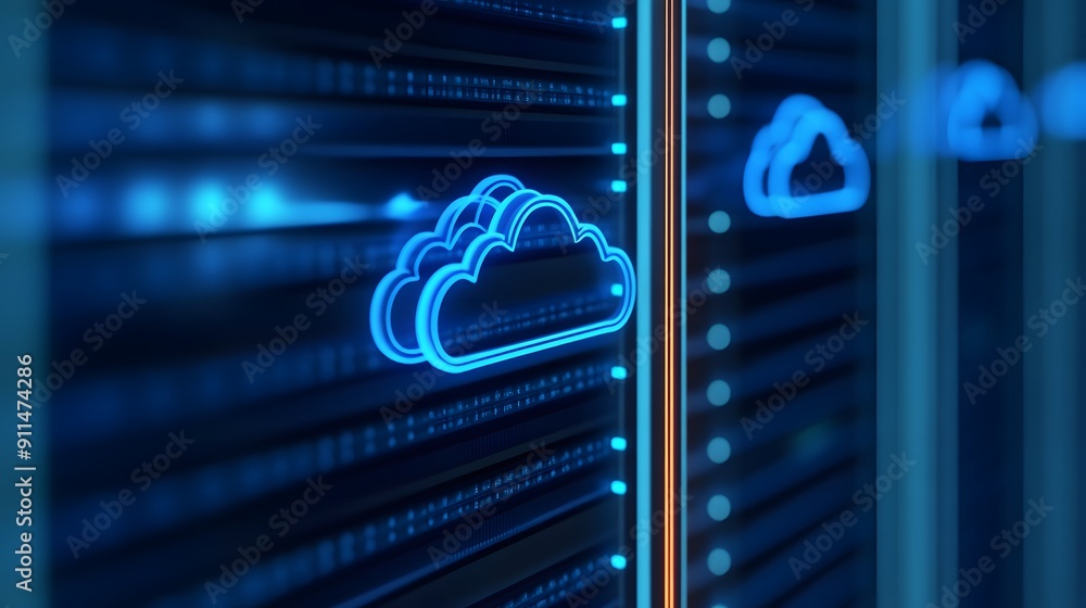 Poster Close-up of futuristic cloud computing technology in a data center with glowing blue cloud graphics representing online data storage.