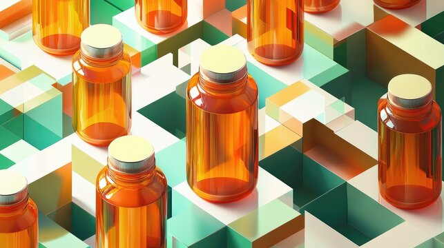 Abstract medicine bottles arranged in a geometric pattern