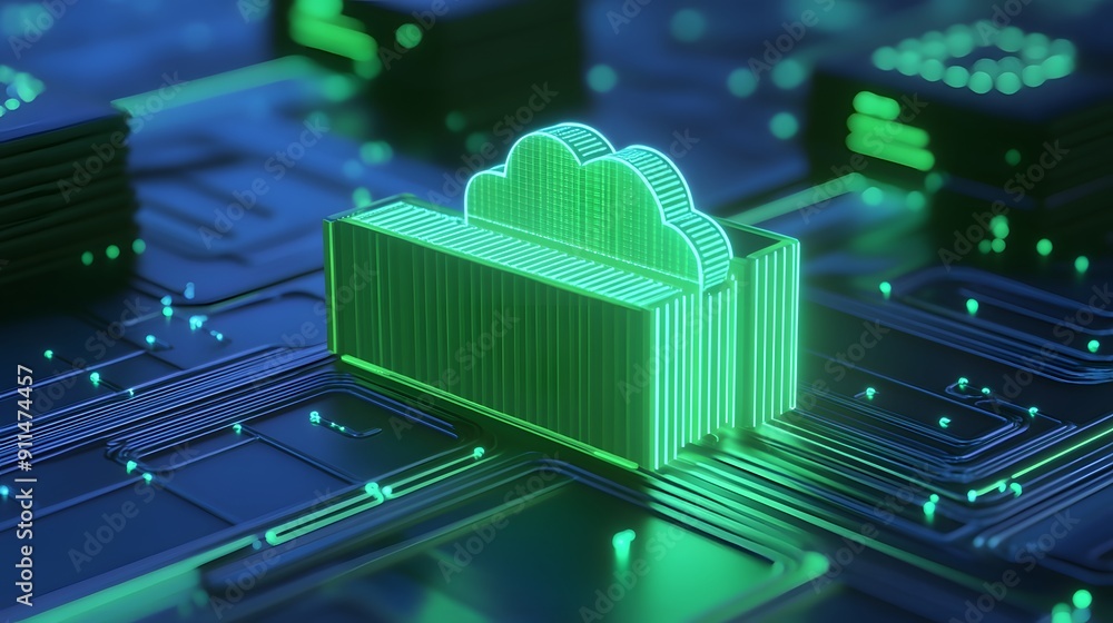 Poster close-up of glowing green cloud computing icon on circuit board, representing modern data storage an