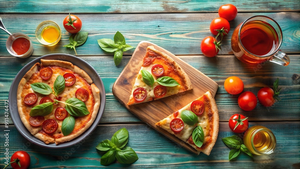 Poster a slice of summer: vibrant pizza and tomatoes on a rustic table ai generated