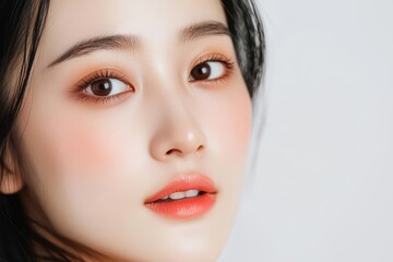Fototapeta premium Gold light enhances the captivating beauty of an Asian woman in close up