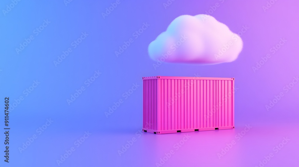 Poster cloud and container concept on a pink and blue background. symbolizing cloud computing, virtualizati