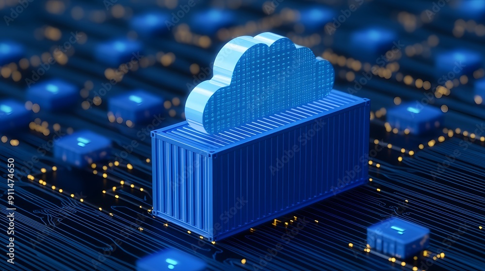 Poster cloud computing and containerization concept shown by a cloud icon emerging from a digital container