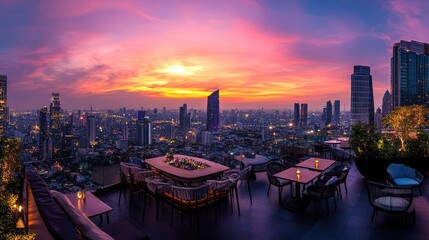 Obraz premium Rooftop bar panorama of Bangkok cityscape with sunset sky, focusing on Lumpini area and the city lights.