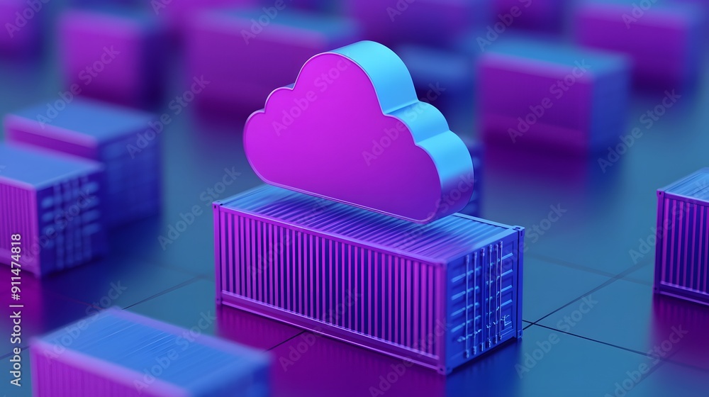 Poster cloud computing and containerization concept with a purple cloud icon on a neon grid with container 