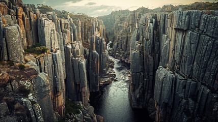 A box valley with a narrow river flanked by towering, jagged cliffs