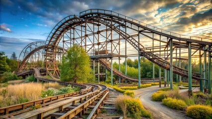 Obraz premium Abandoned roller coaster in a desolate amusement park , roller coaster, abandoned, theme park, thrill ride, rusted